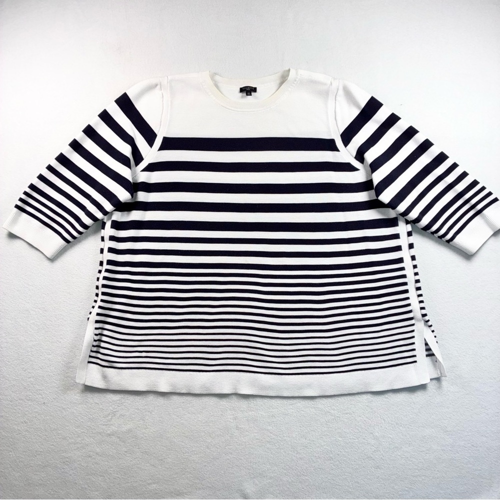 Talbots Sweater Navy Blue Striped Crew Neck Knit 3X Cotton Blend Preppy Nautical